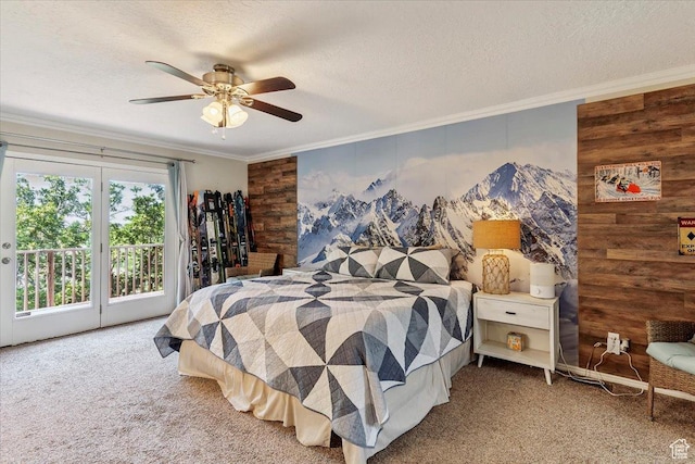 2772 E 3575 N, Layton, UT 84040 - bedroom featuring carpet flooring, access to exterior, ornamental molding, a textured ceiling, and a ceiling fan