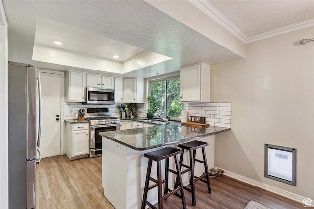 2772 E 3575 N, Layton, UT 84040 - kitchen with appliances with stainless steel finishes, a peninsula, light wood-style floors, tasteful backsplash, and a textured ceiling