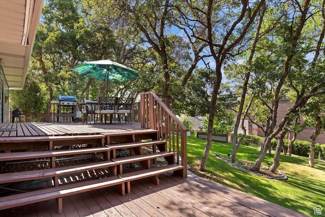 2772 E 3575 N, Layton, UT 84040 - wooden deck with outdoor dining space, a lawn, and stairway