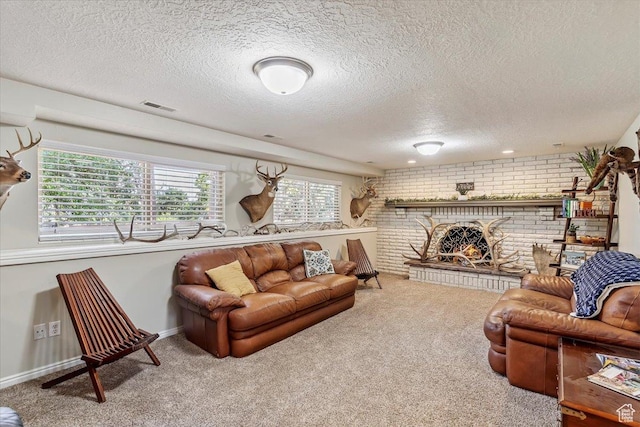2772 E 3575 N, Layton, UT 84040 - living area with a textured ceiling, carpet flooring, brick wall, and a fireplace