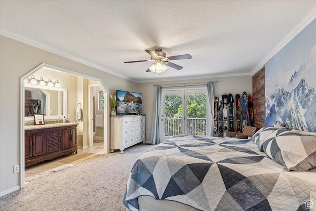 2772 E 3575 N, Layton, UT 84040 - bedroom with access to exterior, light carpet, ornamental molding, ensuite bathroom, and a ceiling fan