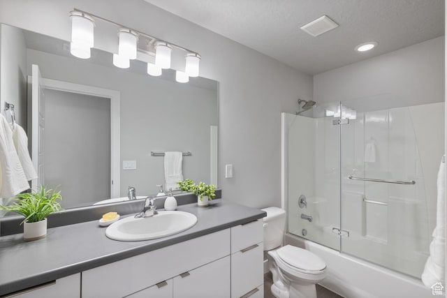 7672 N Evans Ranch Dr E, Eagle Mountain, UT 84005 - full bathroom with vanity, shower / bath combination with glass door, a textured ceiling, and recessed lighting