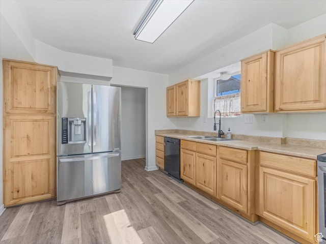 963 E 23rd St, Ogden, UT 84401 - kitchen featuring stainless steel refrigerator with ice dispenser, light brown cabinetry, dishwasher, light countertops, and light wood-type flooring