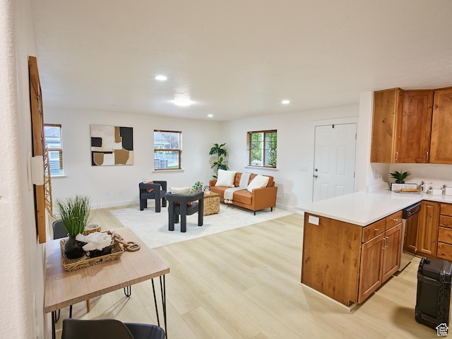 257 N 900 W, Provo, UT 84601 - kitchen featuring dishwasher, light wood-style floors, open floor plan, brown cabinetry, and recessed lighting
