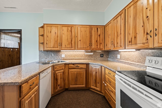 407 E 200 N, Richfield, UT 84701 - kitchen featuring white appliances, ornamental molding, decorative backsplash, open shelves, and a peninsula