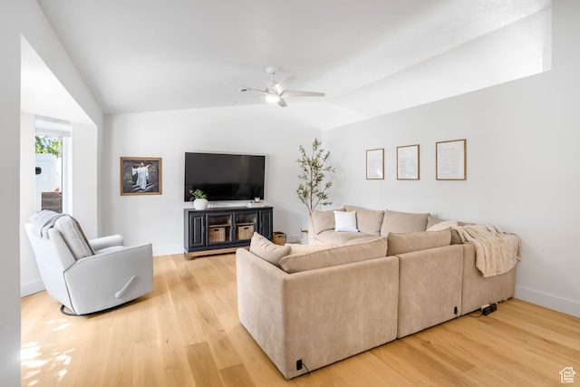 1655 Maplewood Way, St George, UT 84790 - living area featuring ceiling fan, lofted ceiling, and light wood-style flooring