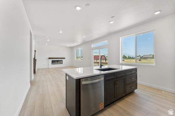 737 N Plainsman Dr Unit 108, Spanish Fork, UT 84660 - kitchen featuring stainless steel dishwasher, light wood finished floors, a glass covered fireplace, light countertops, and a center island with sink