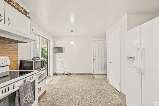1632 Bennett St, Layton, UT 84041 - kitchen with white appliances, range hood, light carpet, white cabinets, and decorative light fixtures
