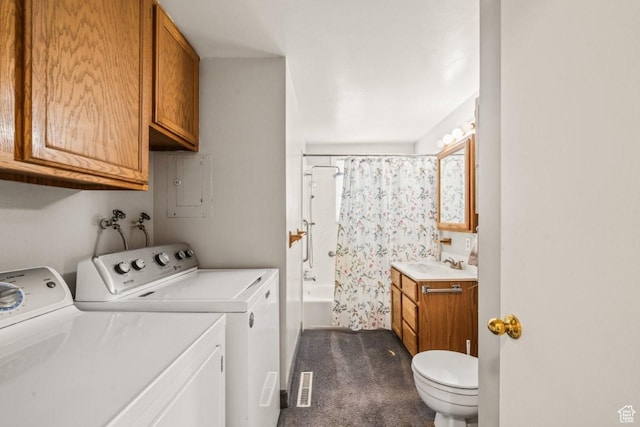 1632 Bennett St, Layton, UT 84041 - washroom featuring washing machine and dryer, electric panel, and dark carpet
