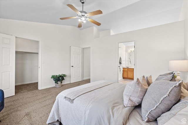 6515 S Mount Whitney Ln, West Valley City, UT 84118 - bedroom featuring lofted ceiling, light carpet, a walk in closet, a ceiling fan, and ensuite bath