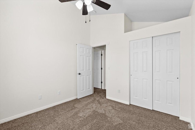 6515 S Mount Whitney Ln, West Valley City, UT 84118 - unfurnished bedroom with carpet flooring, vaulted ceiling, a closet, and a ceiling fan