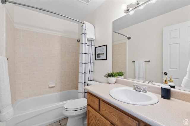6515 S Mount Whitney Ln, West Valley City, UT 84118 - bathroom with shower / bathtub combination with curtain, vanity, and tile patterned floors