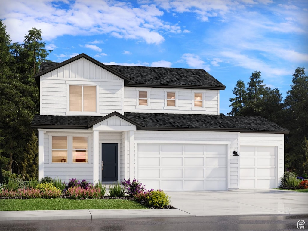 407 W 630 N Unit 0025, Tooele, UT 84074 - view of front of property with driveway, board and batten siding, a shingled roof, and a garage