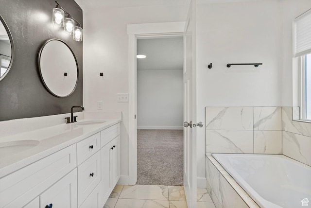 2362 E Quaking Aspen Ln, Eagle Mountain, UT 84005 - full bathroom with marble finish flooring, double vanity, a bath, and plenty of natural light