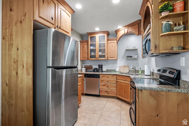 717 E 150 S, Provo, UT 84606 - kitchen featuring stainless steel appliances, open shelves, dark stone counters, light tile patterned floors, and recessed lighting