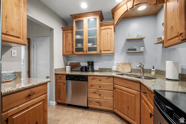 717 E 150 S, Provo, UT 84606 - kitchen with dishwasher, light tile patterned floors, light stone counters, glass insert cabinets, and recessed lighting