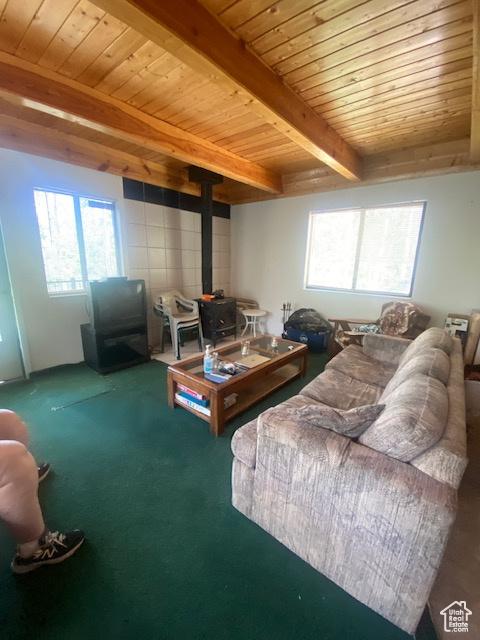 2160 S Aspen Ridge Dr, Coalville, UT 84017 - living room featuring a wood stove, healthy amount of natural light, a wooden ceiling with exposed beams, and carpet