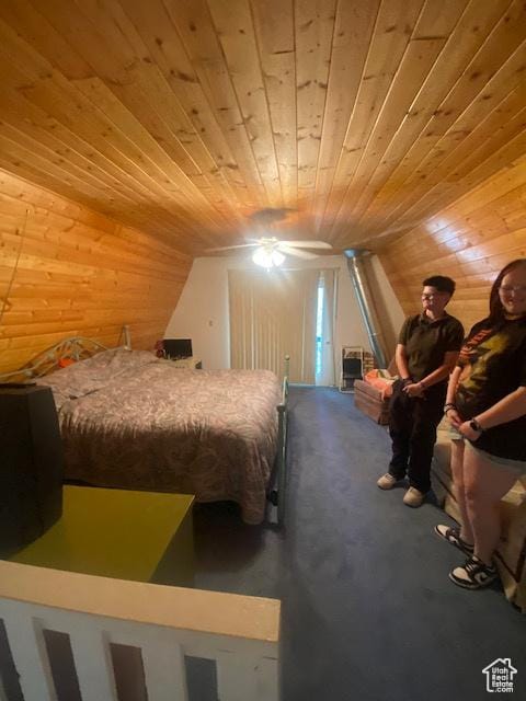 2160 S Aspen Ridge Dr, Coalville, UT 84017 - carpeted bedroom featuring wooden ceiling, lofted ceiling, and wooden walls