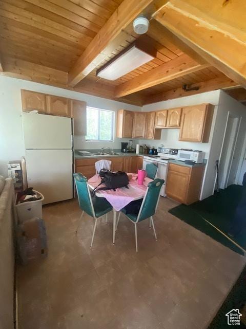 2160 S Aspen Ridge Dr, Coalville, UT 84017 - kitchen with white appliances, light brown cabinets, and a wood ceiling with exposed beams