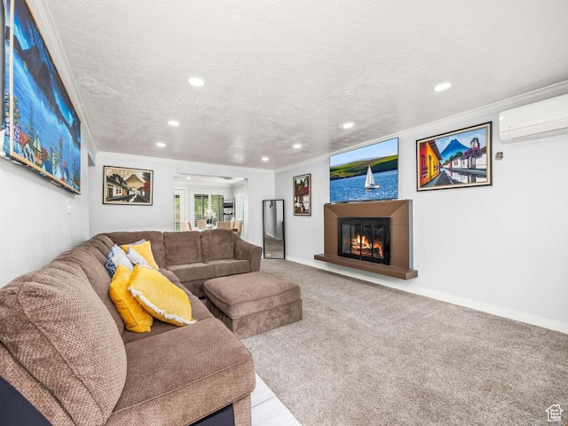 211 N 800 E, Bountiful, UT 84010 - living area with recessed lighting, crown molding, a glass covered fireplace, a wall mounted air conditioner, and a textured ceiling