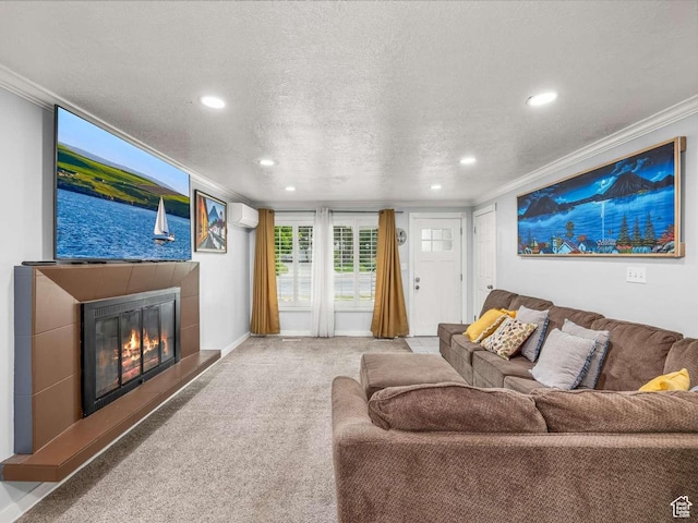 211 N 800 E, Bountiful, UT 84010 - carpeted living area featuring crown molding, a wall mounted AC, recessed lighting, a tile fireplace, and a textured ceiling