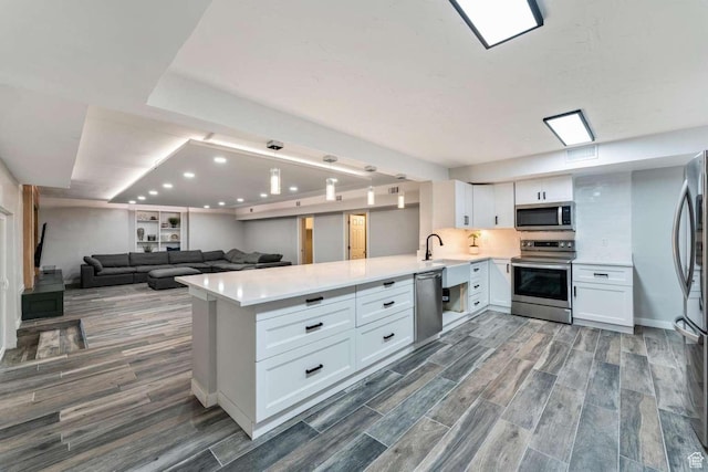 211 N 800 E, Bountiful, UT 84010 - kitchen featuring appliances with stainless steel finishes, a peninsula, light countertops, dark wood-style flooring, and white cabinets