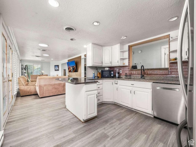 211 N 800 E, Bountiful, UT 84010 - kitchen featuring open shelves, dishwasher, black microwave, light wood-type flooring, and a textured ceiling