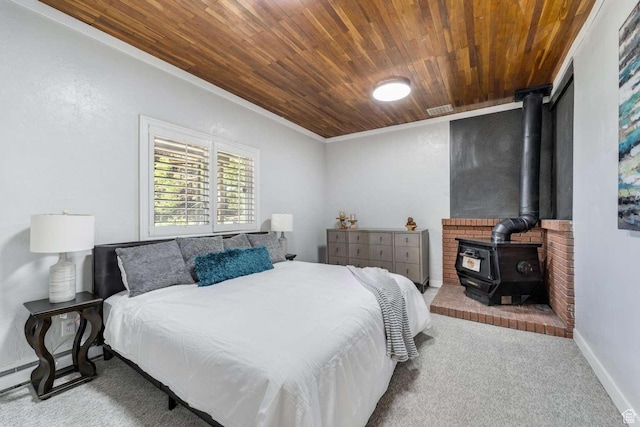 211 N 800 E, Bountiful, UT 84010 - carpeted bedroom with wooden ceiling, a wood stove, and ornamental molding
