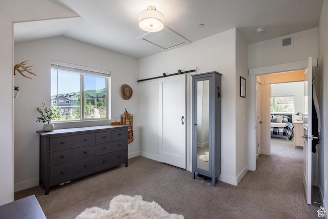 3302 Quarry Springs Dr, Park City, UT 84098 - carpeted bedroom featuring lofted ceiling, a barn door, and attic access