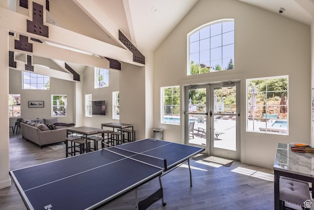 3302 Quarry Springs Dr, Park City, UT 84098 - rec room with high vaulted ceiling, wood finished floors, and french doors