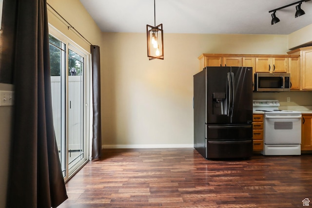3901 W Pine Landing Way S, West Jordan, UT 84084 - kitchen featuring fridge with ice dispenser, stainless steel microwave, electric range, light brown cabinetry, and dark wood-type flooring