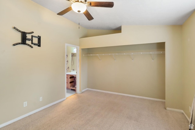 3901 W Pine Landing Way S, West Jordan, UT 84084 - unfurnished bedroom with light carpet, lofted ceiling, ensuite bath, and ceiling fan
