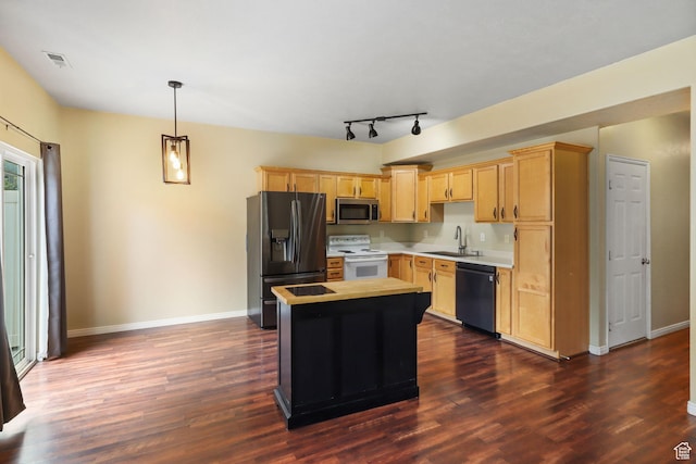 3901 W Pine Landing Way S, West Jordan, UT 84084 - kitchen with stainless steel appliances, light brown cabinets, dark wood finished floors, a center island, and decorative light fixtures