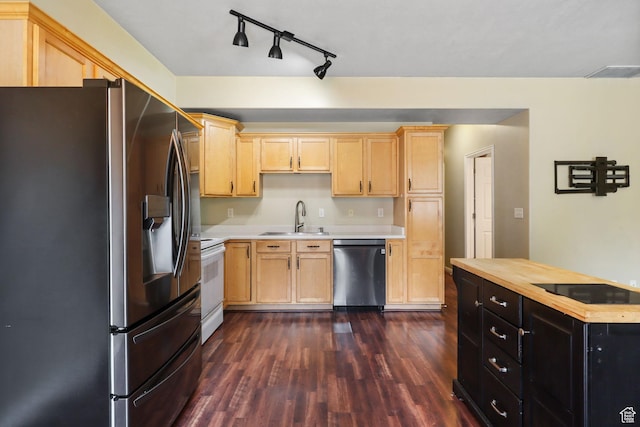 3901 W Pine Landing Way S, West Jordan, UT 84084 - kitchen with stainless steel appliances, light brown cabinets, and dark wood-style flooring