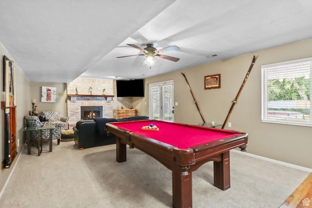 9618 S Ruskin Cir E, Sandy, UT 84092 - recreation room with a fireplace, ceiling fan, billiards table, and carpet