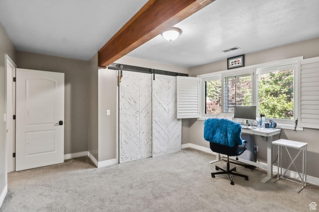 9618 S Ruskin Cir E, Sandy, UT 84092 - office area featuring carpet flooring, beamed ceiling, and a barn door