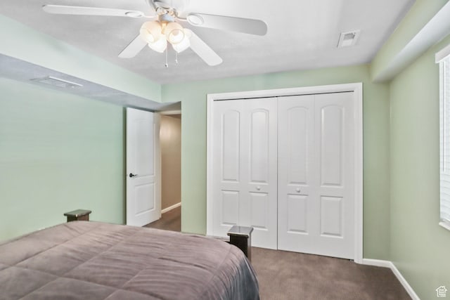 9618 S Ruskin Cir E, Sandy, UT 84092 - bedroom with a closet, dark carpet, and a ceiling fan