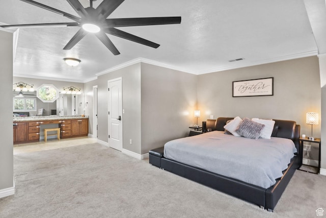 9618 S Ruskin Cir E, Sandy, UT 84092 - bedroom with light colored carpet, crown molding, ensuite bath, and ceiling fan