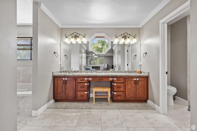 9618 S Ruskin Cir E, Sandy, UT 84092 - bathroom featuring ornamental molding, double vanity, a bath, a chandelier, and tile patterned flooring