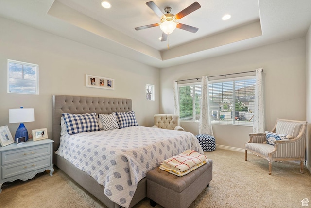 598 W Sandhill Dr, Lehi, UT 84043 - bedroom with light colored carpet, a raised ceiling, recessed lighting, and ceiling fan