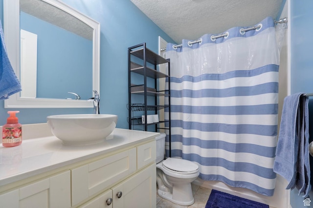 598 W Sandhill Dr, Lehi, UT 84043 - bathroom featuring a textured ceiling, vanity, tile patterned flooring, and a shower with curtain