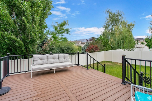 598 W Sandhill Dr, Lehi, UT 84043 - wooden terrace with a fenced backyard and outdoor lounge area