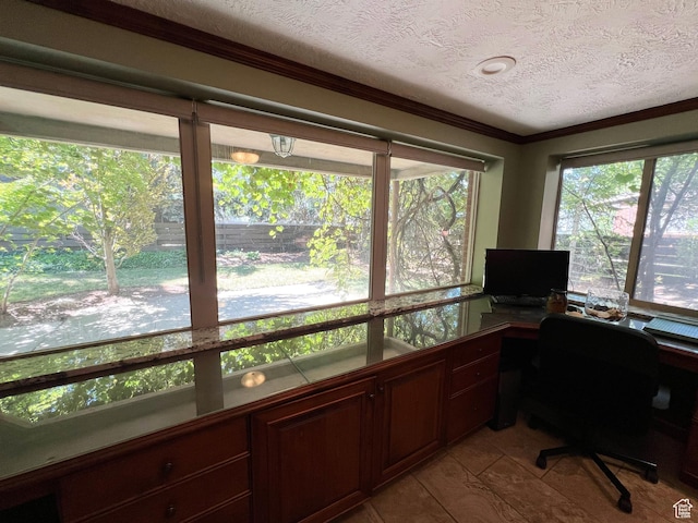 3550 E Oakview Dr, Millcreek, UT 84124 - tiled home office with a textured ceiling and crown molding