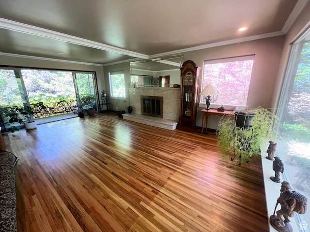 3550 E Oakview Dr, Millcreek, UT 84124 - living area with a premium fireplace, wood finished floors, and crown molding