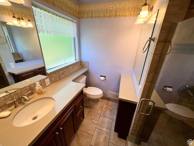 3550 E Oakview Dr, Millcreek, UT 84124 - bathroom with vanity, a shower stall, and tasteful backsplash