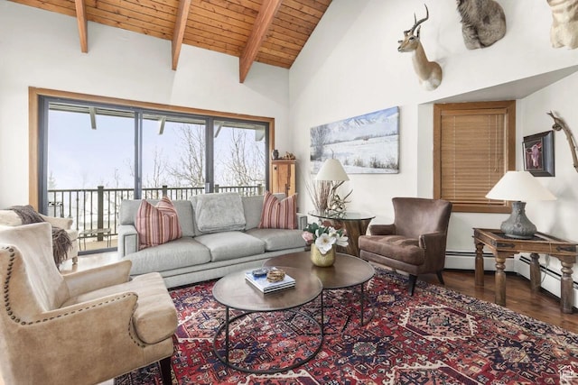 1290 Pinnacle Dr, Park City, UT 84060 - living area featuring a wood ceiling with exposed beams, wood finished floors, and high vaulted ceiling