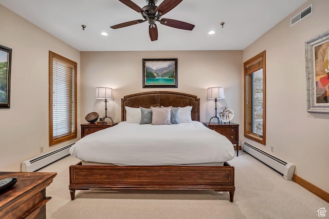 1290 Pinnacle Dr, Park City, UT 84060 - bedroom with a baseboard heating unit, light carpet, recessed lighting, and ceiling fan