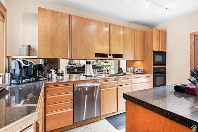 1290 Pinnacle Dr, Park City, UT 84060 - kitchen with black appliances, track lighting, dark countertops, and light tile patterned flooring