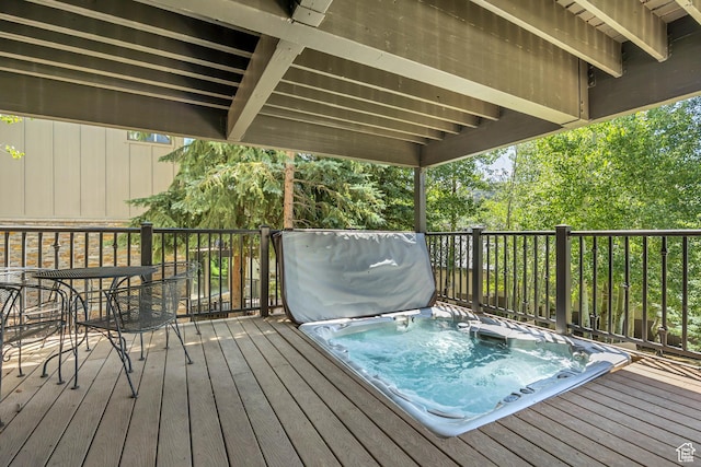 1290 Pinnacle Dr, Park City, UT 84060 - wooden terrace featuring a covered hot tub and outdoor dining space