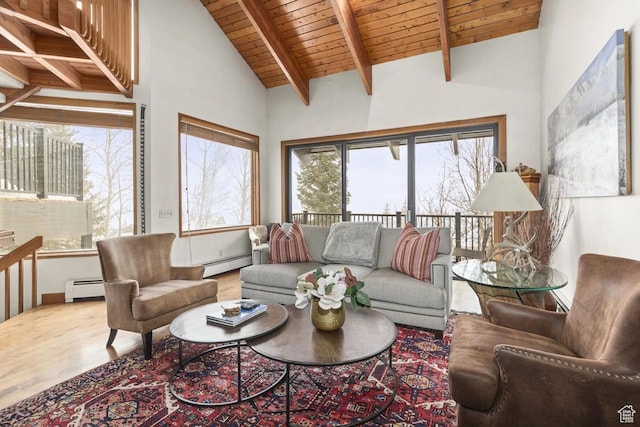 1290 Pinnacle Dr, Park City, UT 84060 - living room featuring baseboard heating, a wood ceiling with exposed beams, wood finished floors, plenty of natural light, and high vaulted ceiling